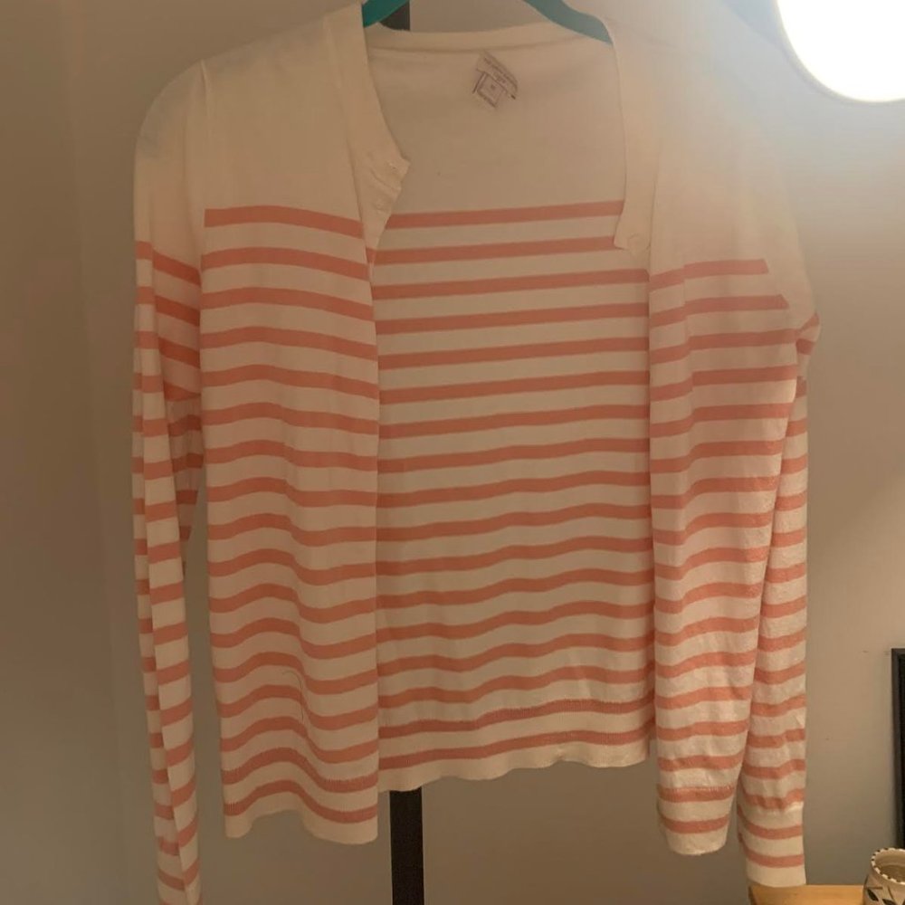 JCrew Factory Cream and Pink Striped Cardigan